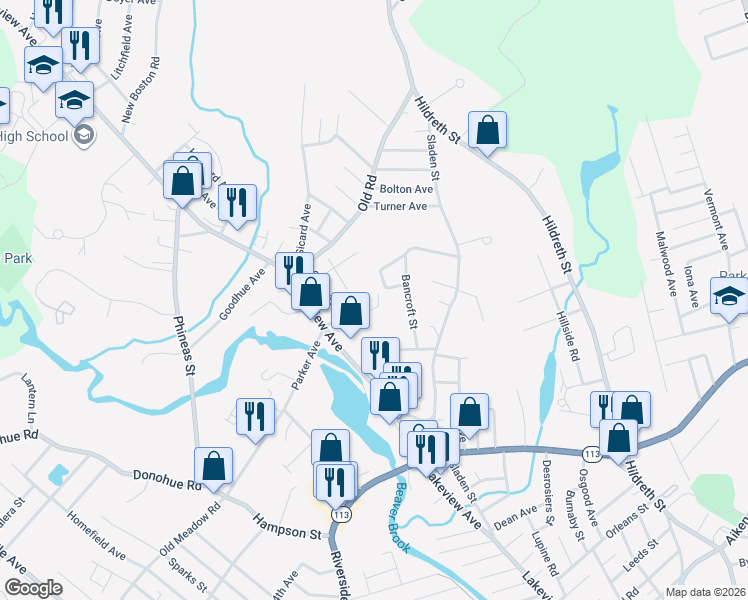map of restaurants, bars, coffee shops, grocery stores, and more near 100 Cass Avenue in Dracut