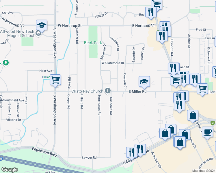 map of restaurants, bars, coffee shops, grocery stores, and more near 213 Warrington Street in Lansing