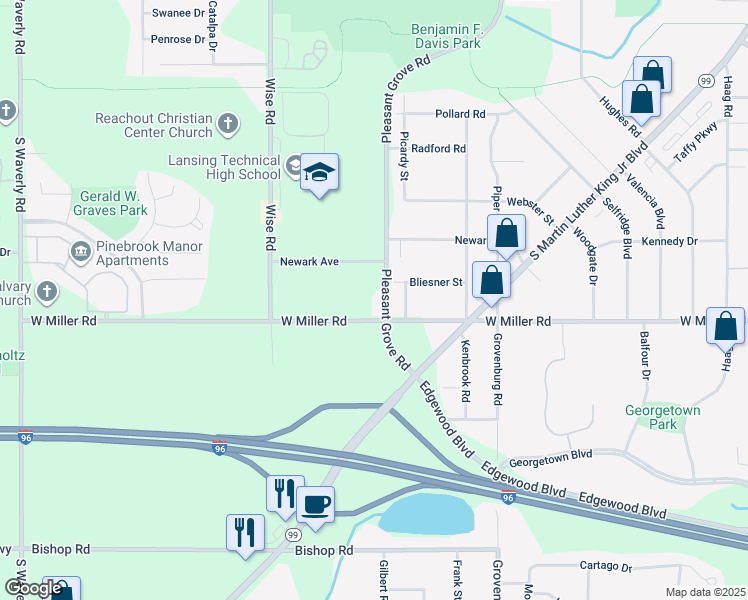 map of restaurants, bars, coffee shops, grocery stores, and more near 2610 West Miller Road in Lansing