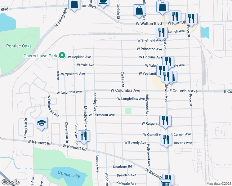 map of restaurants, bars, coffee shops, grocery stores, and more near 195 West Columbia Avenue in Pontiac