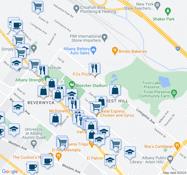 map of restaurants, bars, coffee shops, grocery stores, and more near 38 Ontario Street in Albany