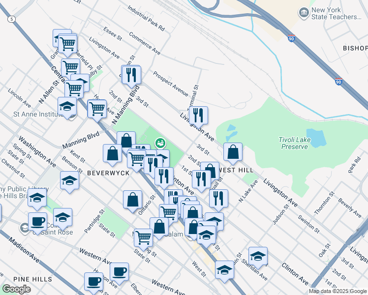 map of restaurants, bars, coffee shops, grocery stores, and more near 524 3rd Street in Albany