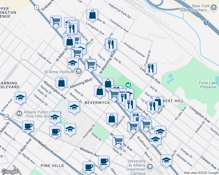 map of restaurants, bars, coffee shops, grocery stores, and more near 782.5 Clinton Avenue in Albany