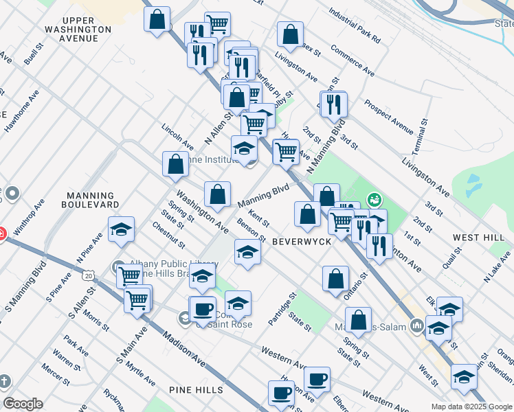 map of restaurants, bars, coffee shops, grocery stores, and more near 410 Manning Boulevard in Albany