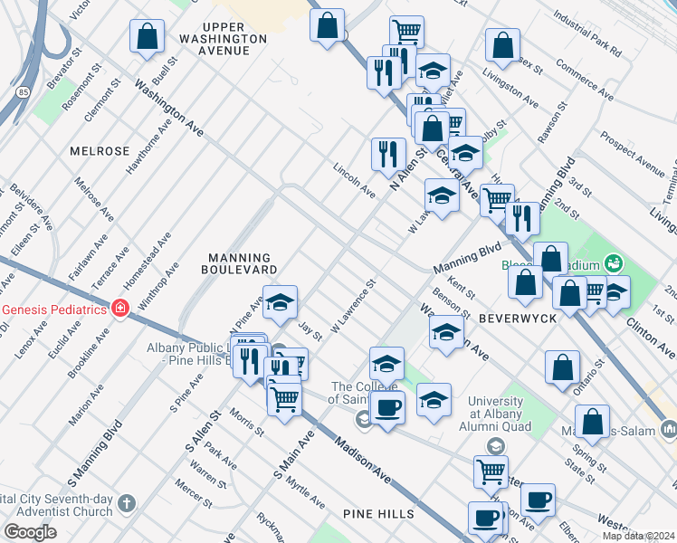map of restaurants, bars, coffee shops, grocery stores, and more near 126 North Allen Street in Albany