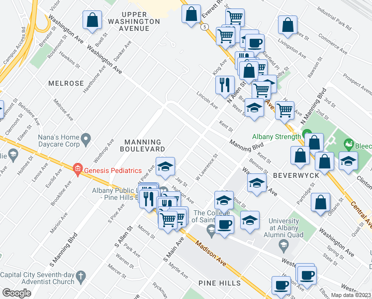 map of restaurants, bars, coffee shops, grocery stores, and more near 123 North Pine Avenue in Albany
