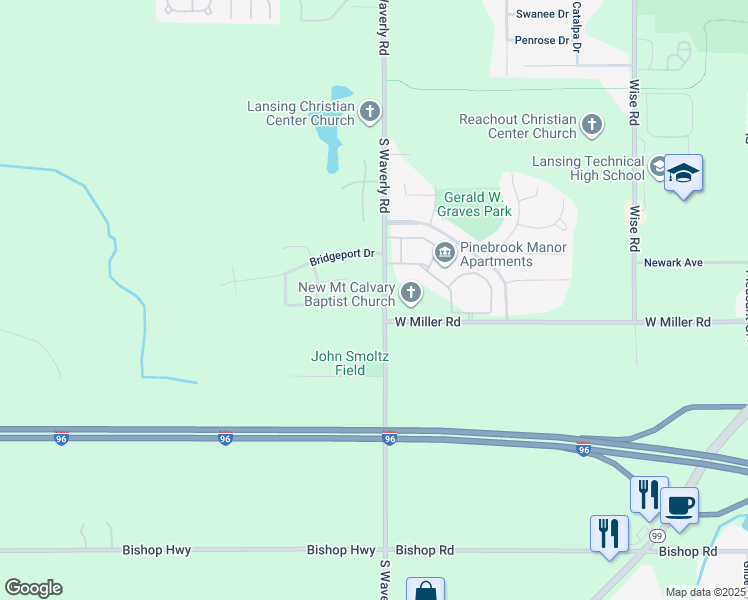 map of restaurants, bars, coffee shops, grocery stores, and more near 6042 South Waverly Road in Lansing