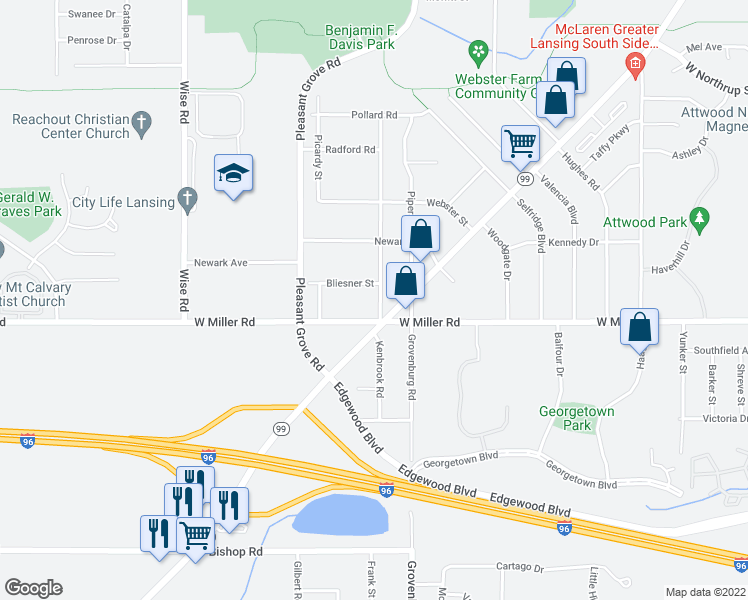 map of restaurants, bars, coffee shops, grocery stores, and more near 6058 Pheasant Avenue in Lansing