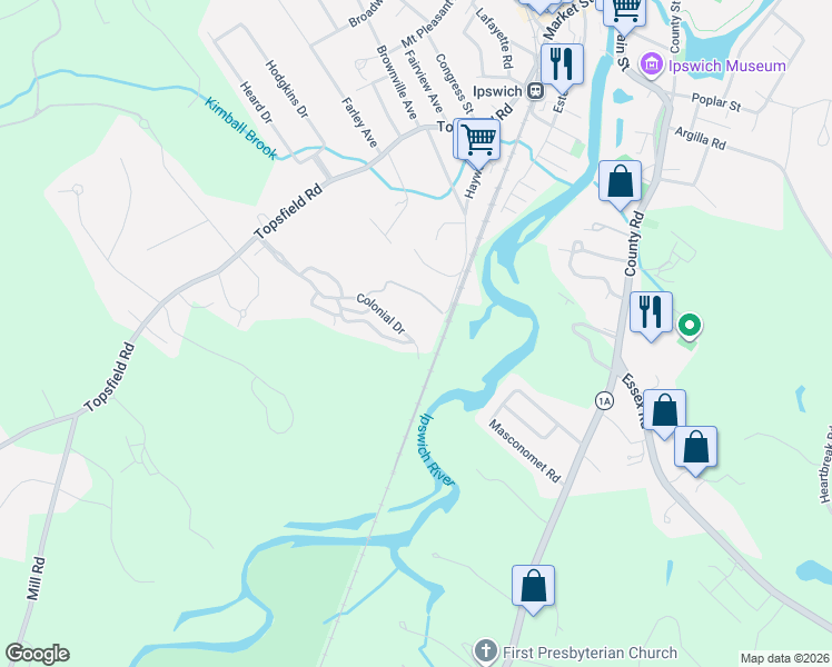 map of restaurants, bars, coffee shops, grocery stores, and more near 500 Colonial Drive in Ipswich