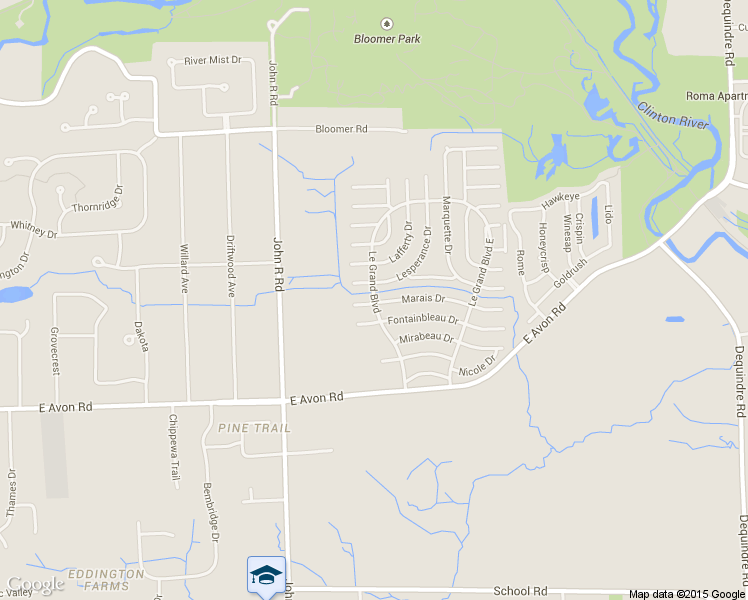 map of restaurants, bars, coffee shops, grocery stores, and more near Le Grand Boulevard in Rochester Hills