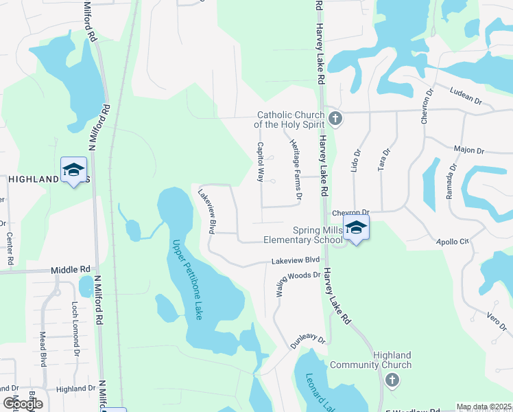 map of restaurants, bars, coffee shops, grocery stores, and more near 3345 Capitol Way in Highland Charter Township