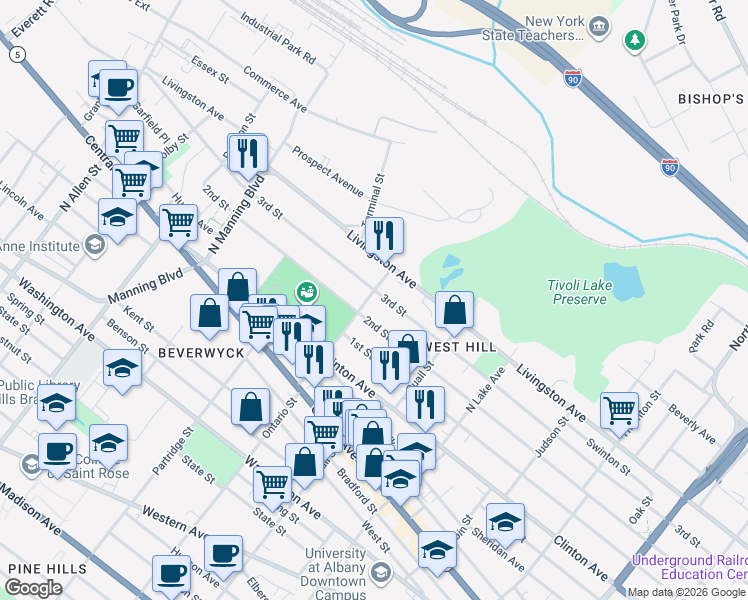 map of restaurants, bars, coffee shops, grocery stores, and more near 38 Ontario Street in Albany