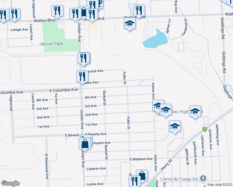 map of restaurants, bars, coffee shops, grocery stores, and more near 665 4th Avenue in Pontiac