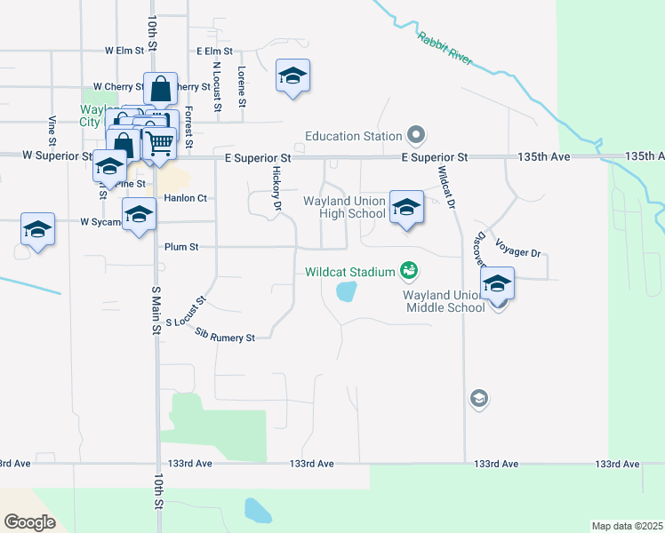 map of restaurants, bars, coffee shops, grocery stores, and more near 524 Plum Street in Wayland