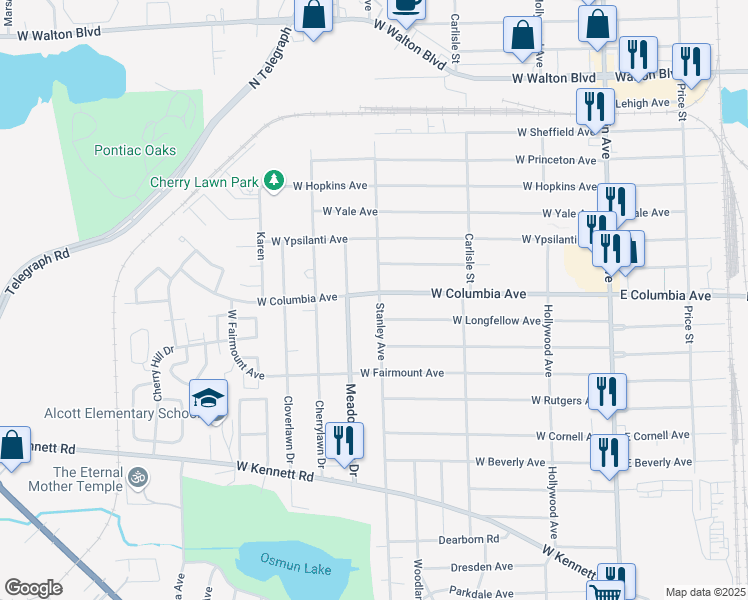 map of restaurants, bars, coffee shops, grocery stores, and more near 273 West Columbia Avenue in Pontiac