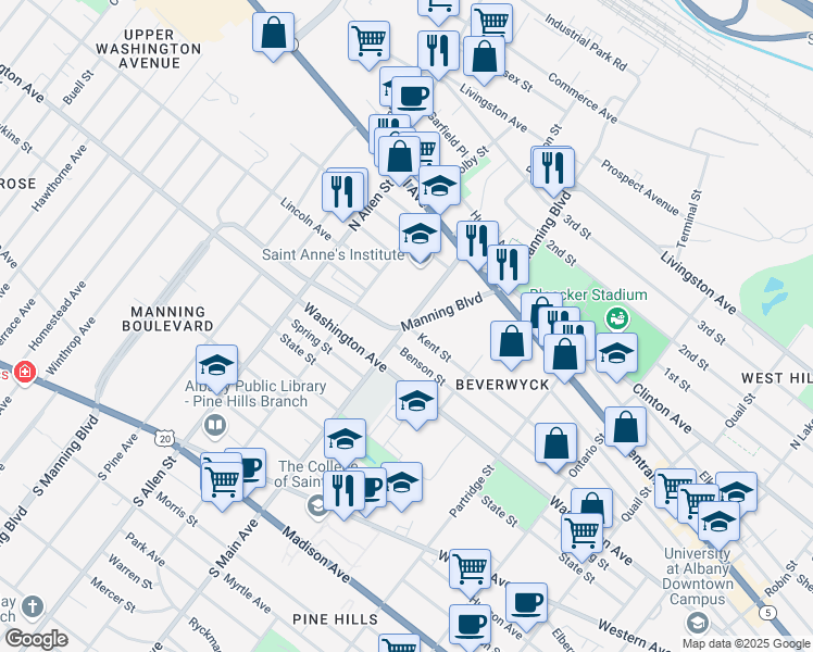 map of restaurants, bars, coffee shops, grocery stores, and more near Manning Boulevard & North Main Avenue in Albany