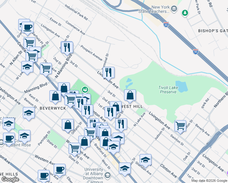 map of restaurants, bars, coffee shops, grocery stores, and more near 38 Ontario Street in Albany
