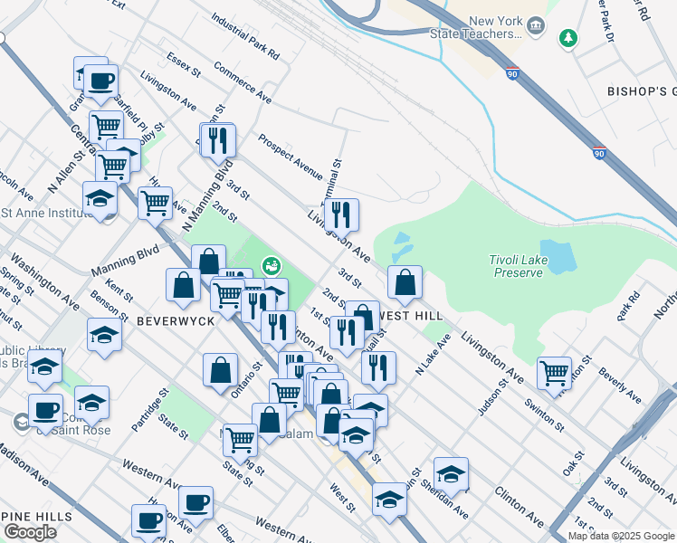 map of restaurants, bars, coffee shops, grocery stores, and more near 38 Ontario Street in Albany