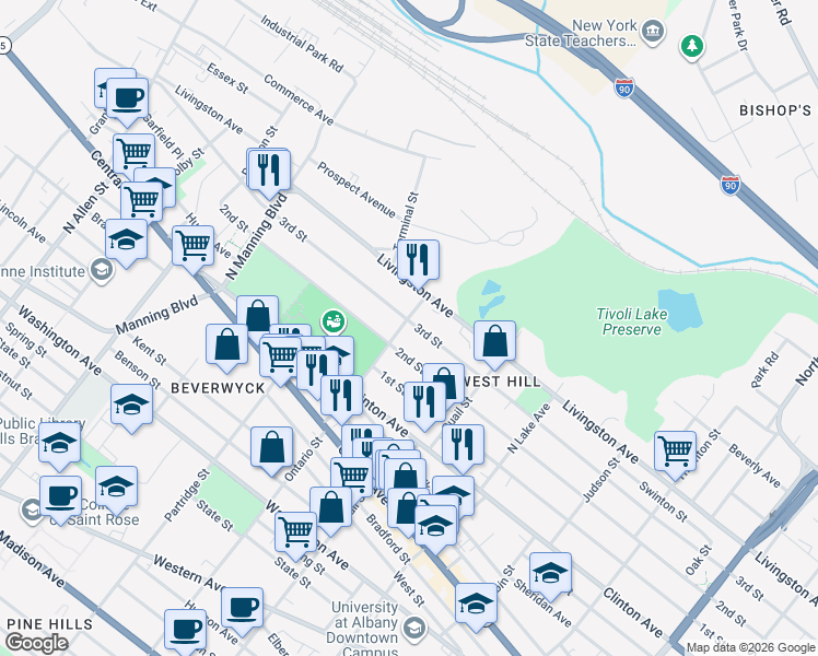map of restaurants, bars, coffee shops, grocery stores, and more near 38 Ontario Street in Albany