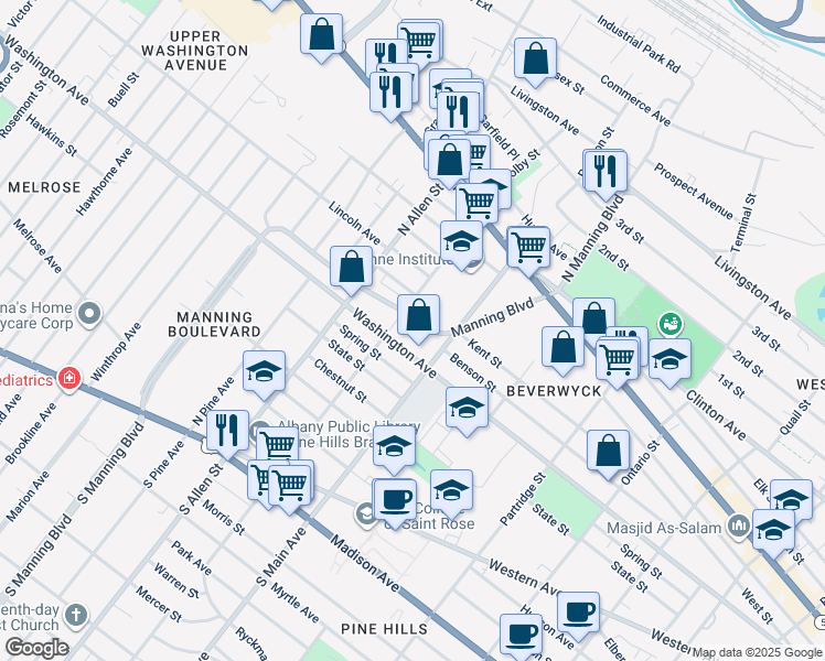 map of restaurants, bars, coffee shops, grocery stores, and more near 352 Manning Boulevard in Albany