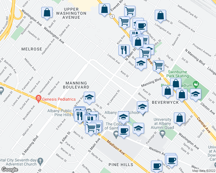 map of restaurants, bars, coffee shops, grocery stores, and more near 126 North Allen Street in Albany