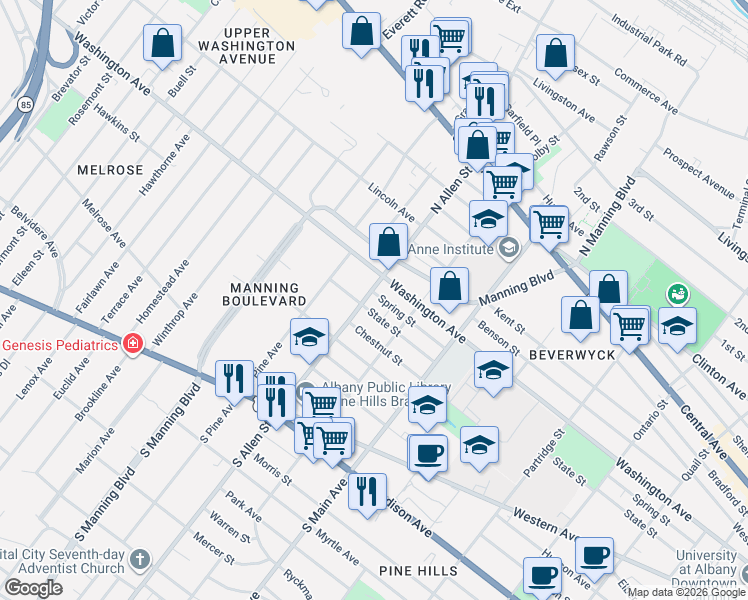map of restaurants, bars, coffee shops, grocery stores, and more near 126 North Allen Street in Albany