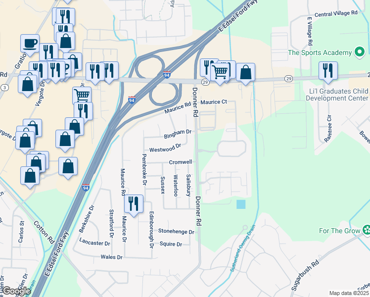 map of restaurants, bars, coffee shops, grocery stores, and more near 50303 Burlwood Drive in New Baltimore