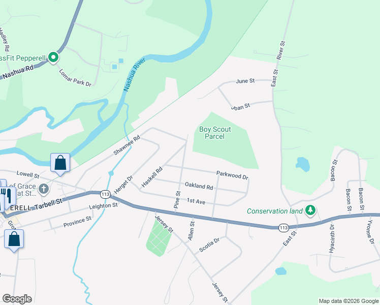 map of restaurants, bars, coffee shops, grocery stores, and more near 23 Pine Street in Pepperell