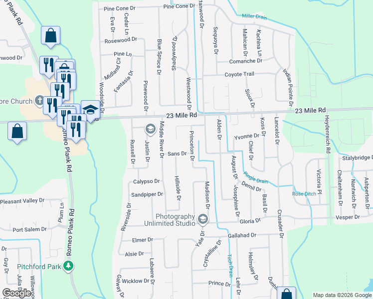map of restaurants, bars, coffee shops, grocery stores, and more near 50786 North Hampton Court in Macomb