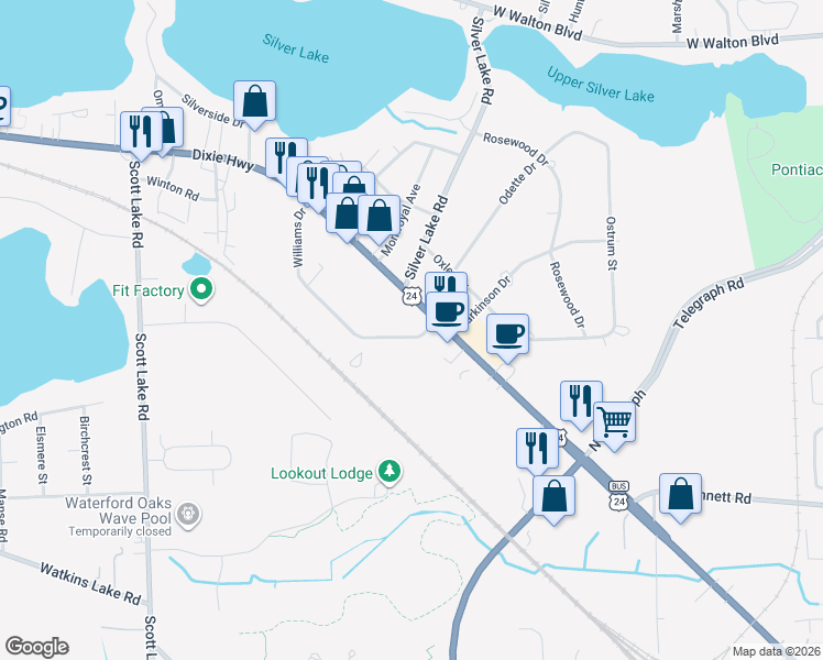 map of restaurants, bars, coffee shops, grocery stores, and more near 2463 Dixie Highway in Waterford Township