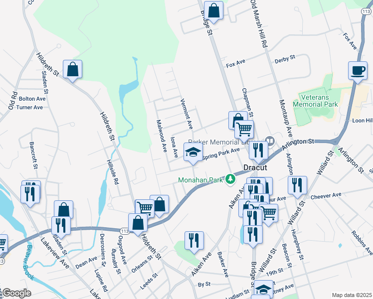 map of restaurants, bars, coffee shops, grocery stores, and more near 5 Infield Avenue in Dracut