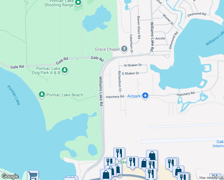 map of restaurants, bars, coffee shops, grocery stores, and more near North Williams Lake Road in Waterford charter Township