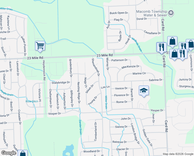 map of restaurants, bars, coffee shops, grocery stores, and more near 50749 Shenandoah Drive in Macomb