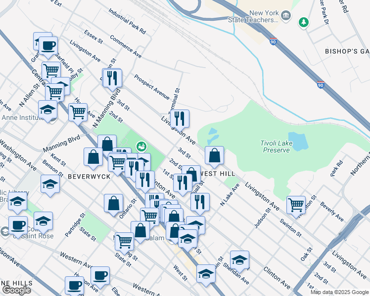 map of restaurants, bars, coffee shops, grocery stores, and more near 38 Ontario Street in Albany