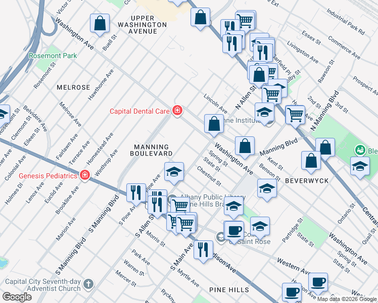 map of restaurants, bars, coffee shops, grocery stores, and more near 123 North Pine Avenue in Albany