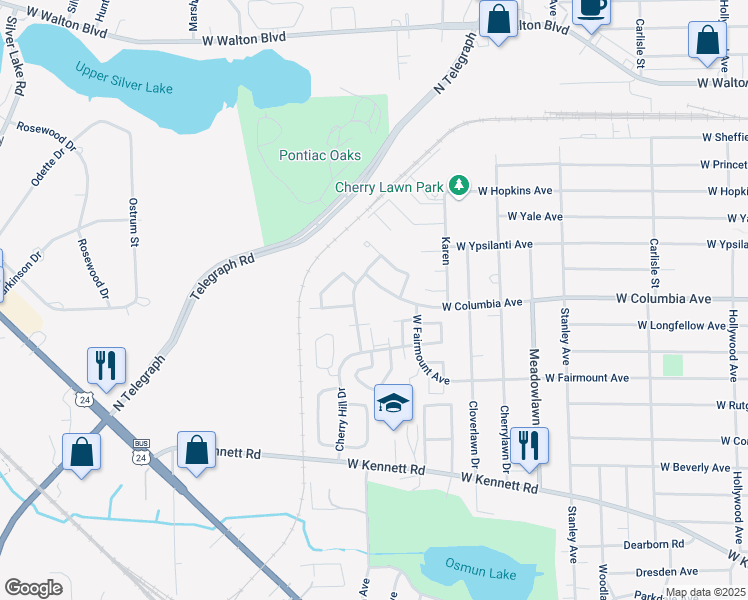 map of restaurants, bars, coffee shops, grocery stores, and more near 483 West Columbia Avenue in Pontiac
