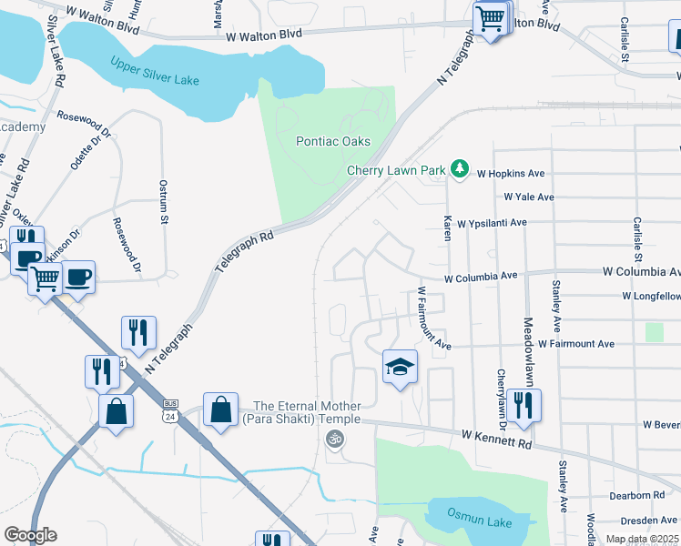 map of restaurants, bars, coffee shops, grocery stores, and more near 127 Starlite Lane in Pontiac