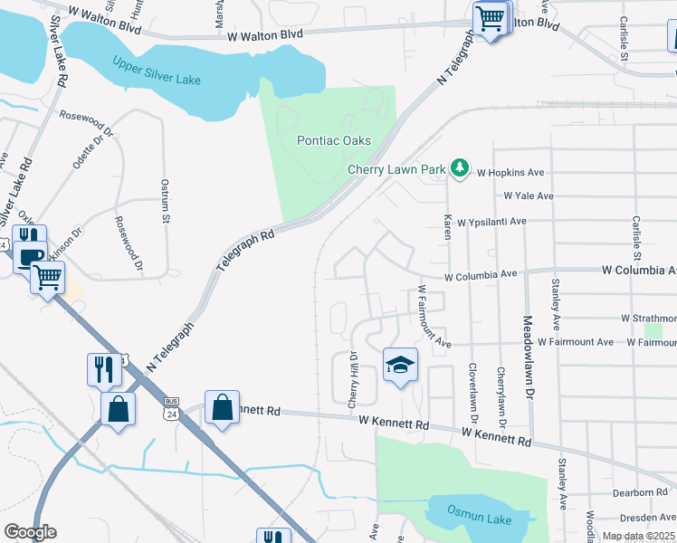 map of restaurants, bars, coffee shops, grocery stores, and more near 111 Starlite Lane in Pontiac