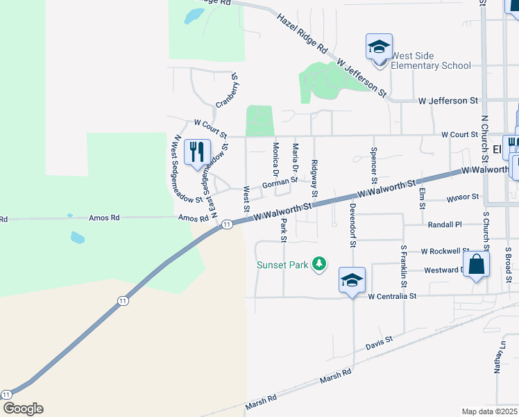 map of restaurants, bars, coffee shops, grocery stores, and more near 11 West Street in Elkhorn