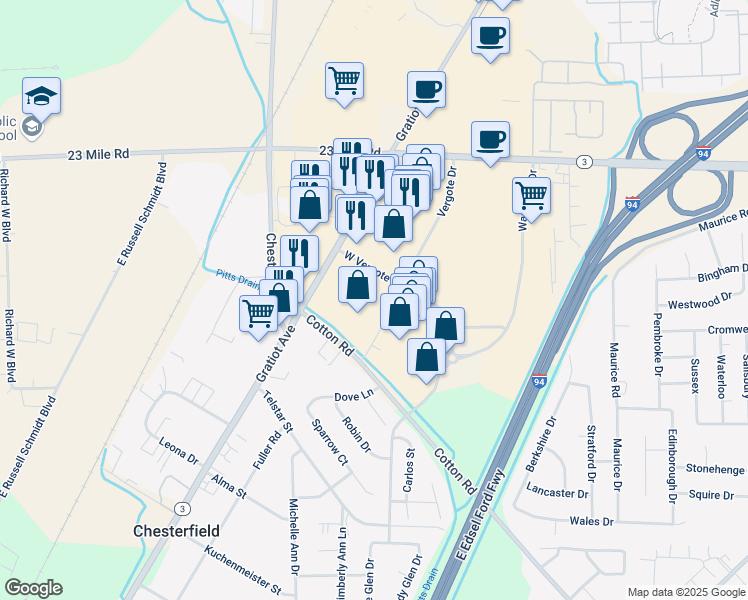 map of restaurants, bars, coffee shops, grocery stores, and more near 50500 Gratiot Avenue in New Baltimore