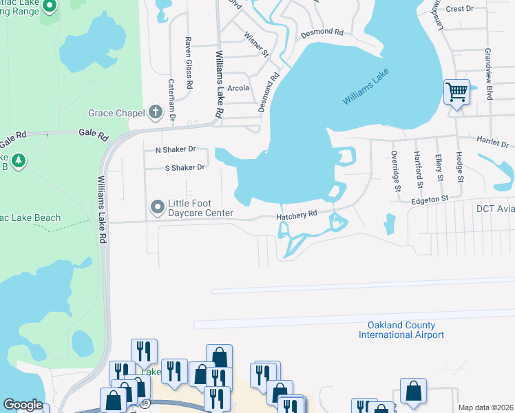 map of restaurants, bars, coffee shops, grocery stores, and more near 7126 Hatchery Road in Waterford Township