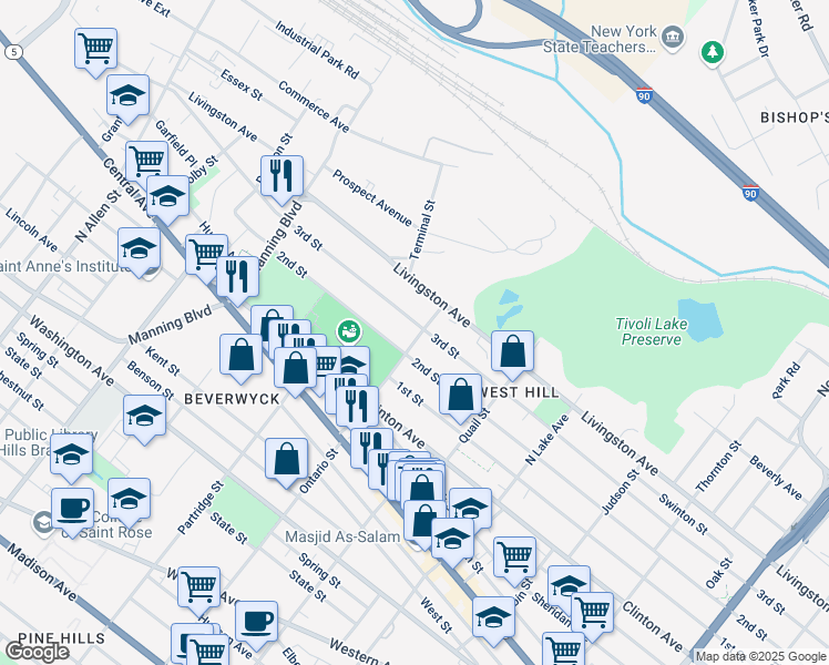 map of restaurants, bars, coffee shops, grocery stores, and more near 49 Ontario Street in Albany