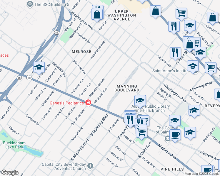 map of restaurants, bars, coffee shops, grocery stores, and more near 78 Winthrop Avenue in Albany
