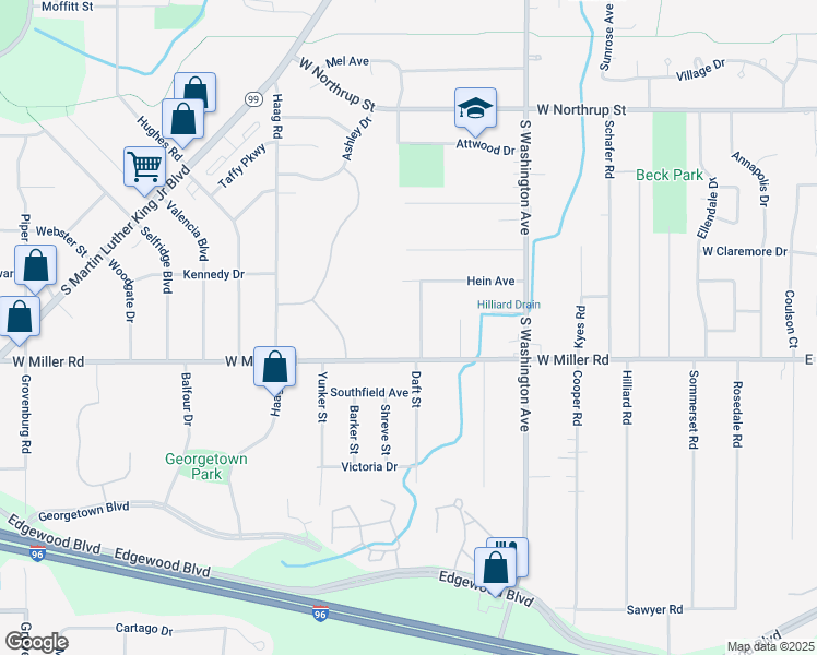 map of restaurants, bars, coffee shops, grocery stores, and more near 6033 Daft Street in Lansing