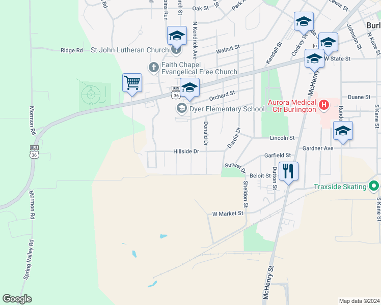 map of restaurants, bars, coffee shops, grocery stores, and more near 365 South Kendrick Avenue in Burlington
