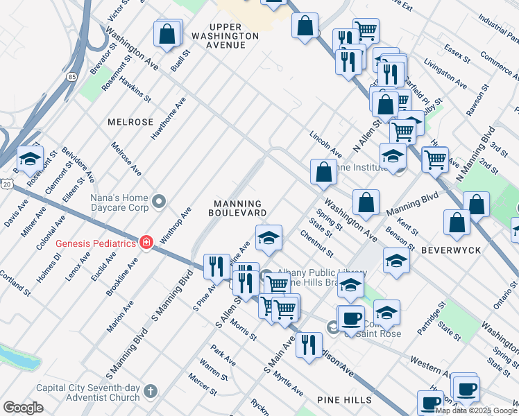 map of restaurants, bars, coffee shops, grocery stores, and more near 891 Lancaster Street in Albany