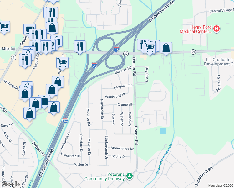 map of restaurants, bars, coffee shops, grocery stores, and more near 28760 Bingham Drive in New Baltimore
