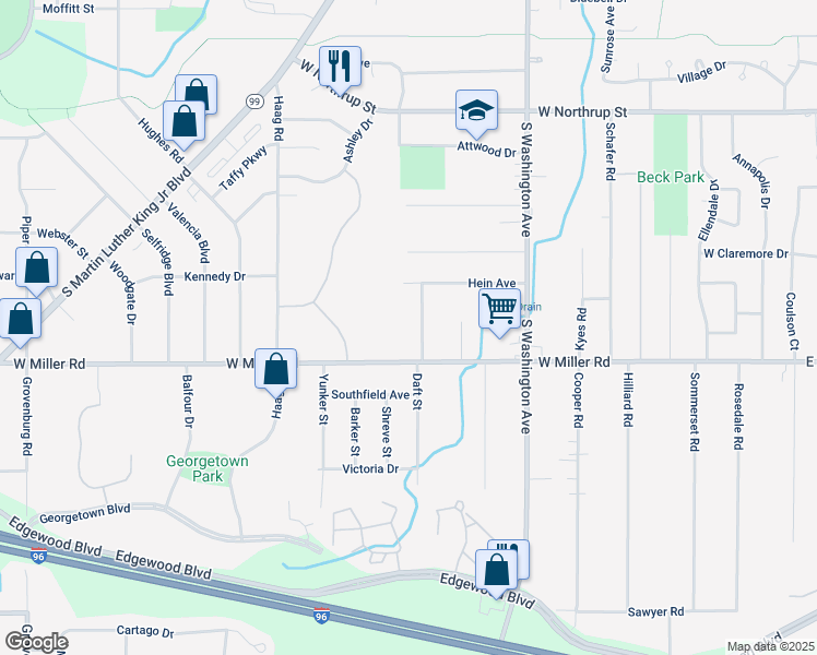 map of restaurants, bars, coffee shops, grocery stores, and more near 6033 Daft Street in Lansing
