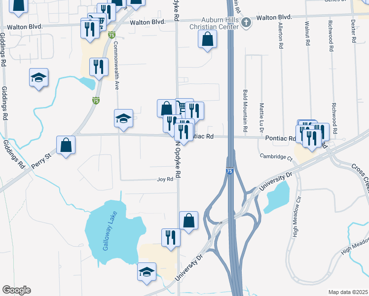 map of restaurants, bars, coffee shops, grocery stores, and more near 1970 North Opdyke Road in Auburn Hills