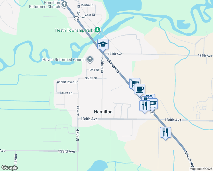 map of restaurants, bars, coffee shops, grocery stores, and more near 3453 Hubbard Street in Hamilton